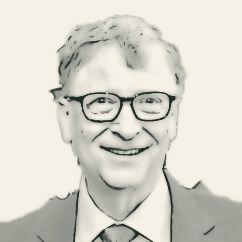 Pencil-style sketch of Bill Gates smiling, wearing glasses, a shirt and tie