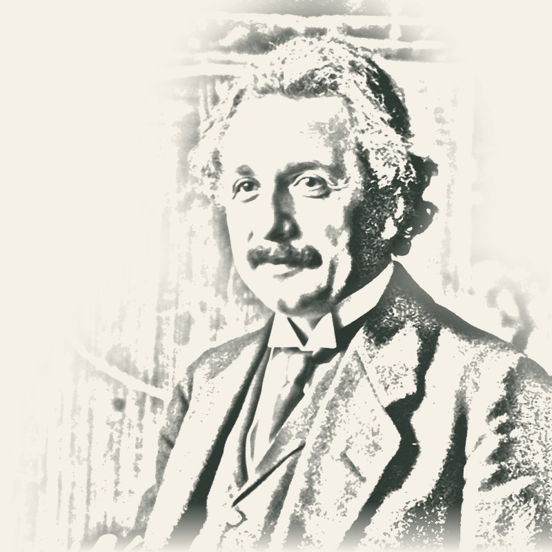 Pencil-style sketch of Albert Einstein in 1921, standing in front of a lecture chalkboard