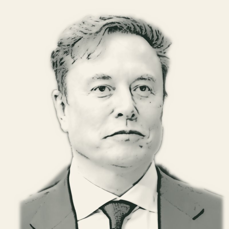 Pencil-style sketch of Elon Musk in a dark suit and tie
