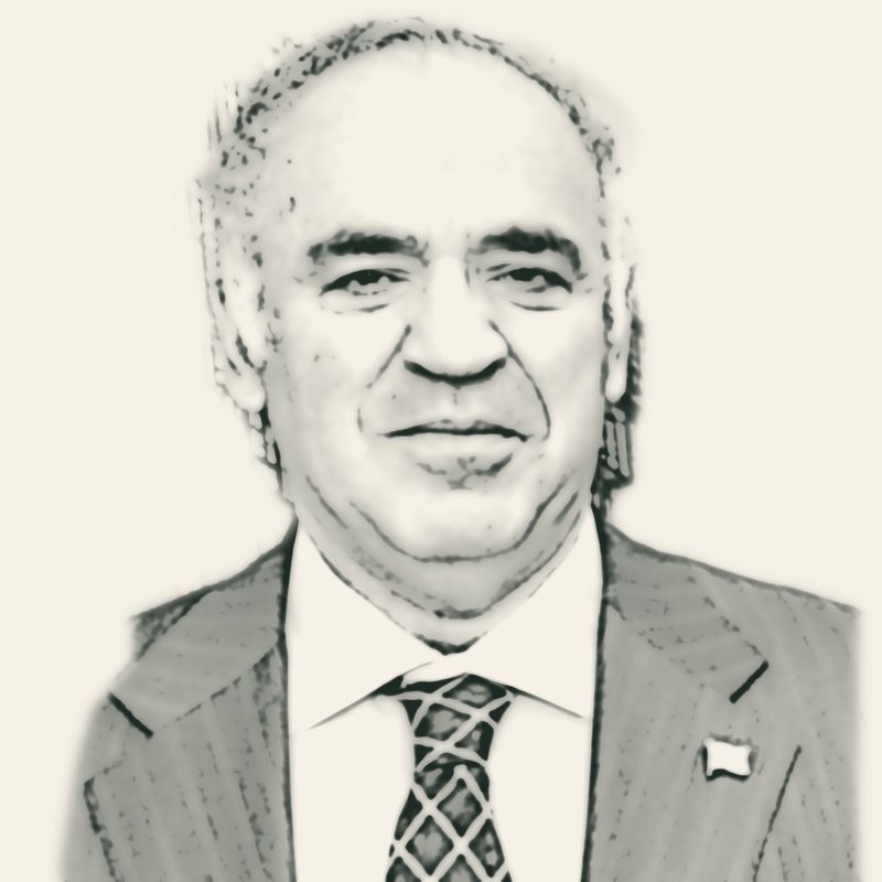 Pencil-style sketch of chess champion Garry Kasparov in a suit and tie