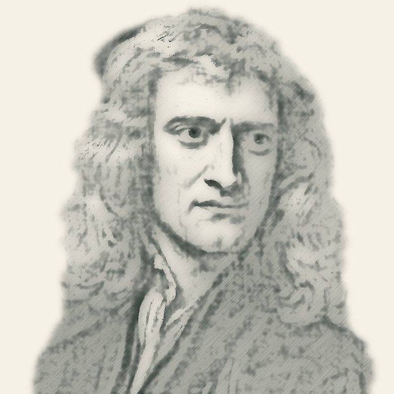 Pencil-style sketch of Isaac Newton in his forties, with long wavy hair