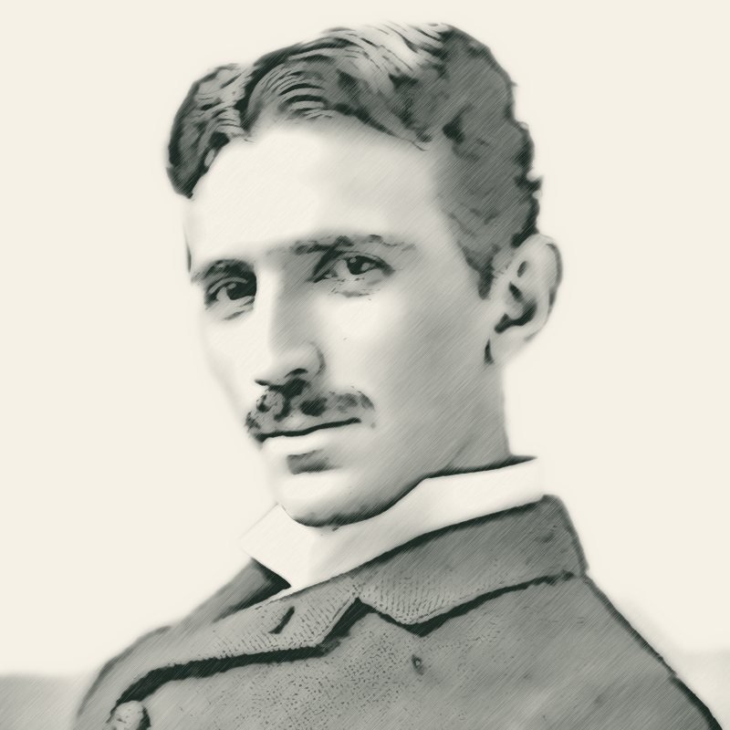 Pencil-style sketch of Nikola Tesla in his thirties, with a moustache and parted hair