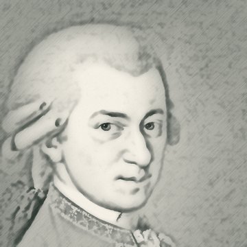 Pencil-style sketch of Wolfgang Amadeus Mozart, from a historical portrait